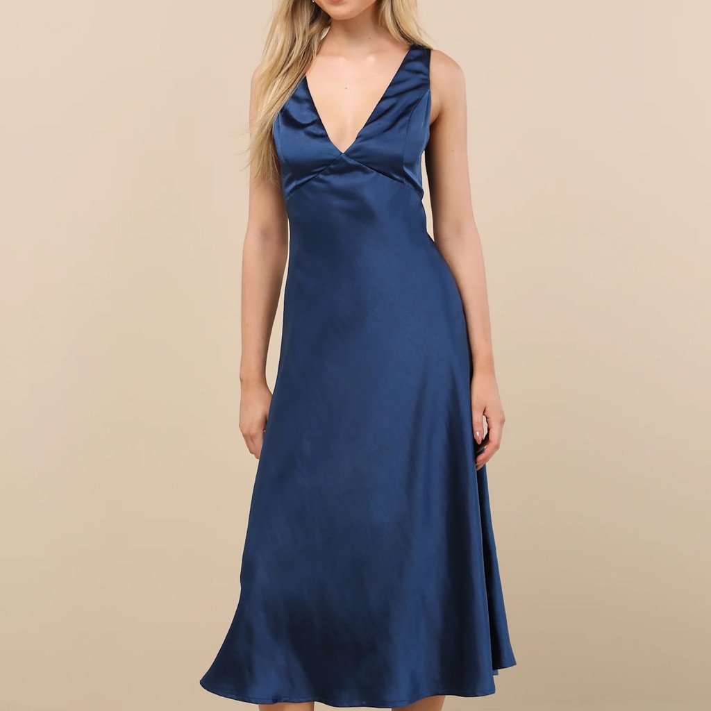 Nwt Incredible Love Navy Satin Cowl Back Midi Slip Dress
